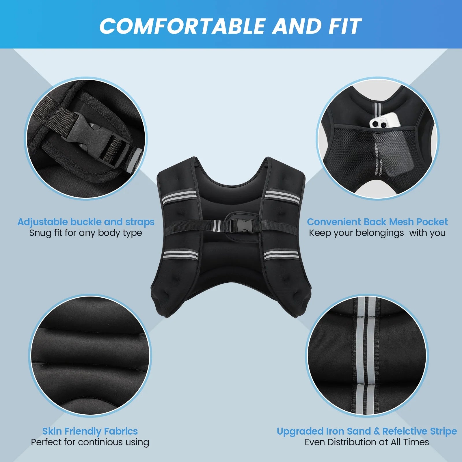 Weighted Vest 6LBS Weight Vest for Woman Men Sport Weighted Vest with Reflective Stripe Adjustable Buckle Straps Mesh Pocket for Strength Training Running