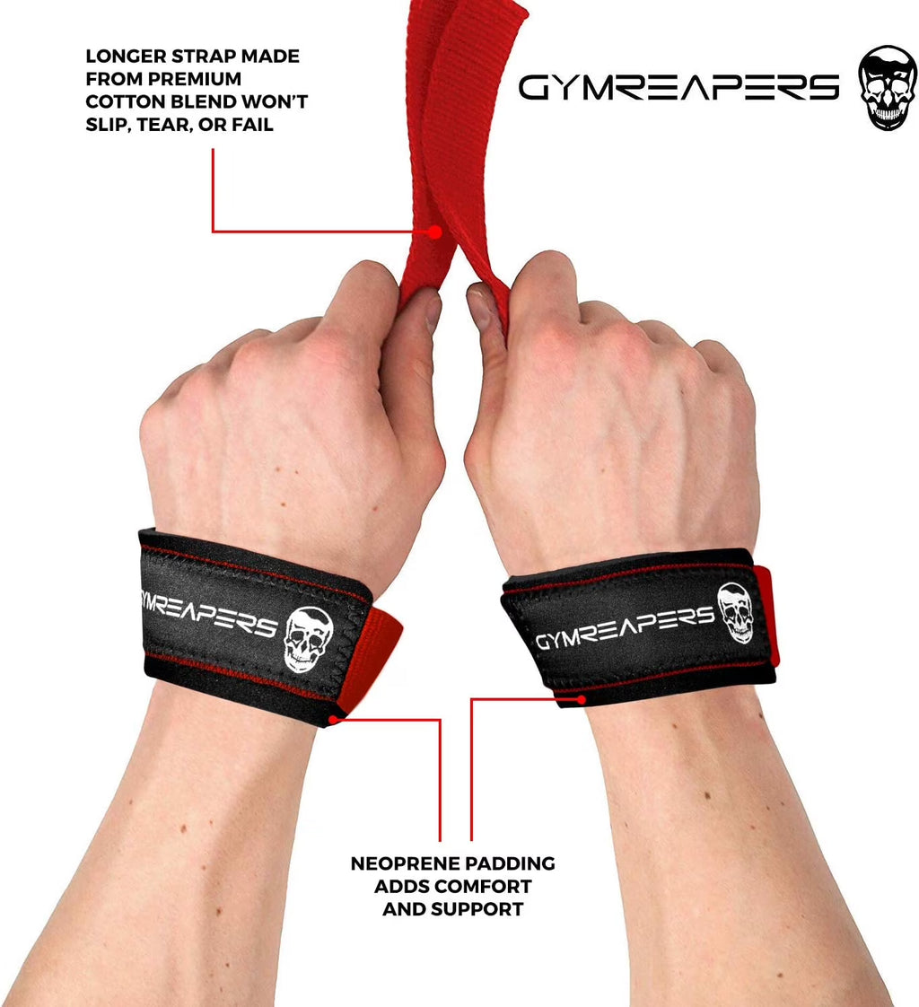 Lifting Wrist Straps for Weightlifting, Bodybuilding, Powerlifting, Strength Training, & Deadlifts - Padded Neoprene with 18 Inch Cotton (Red)