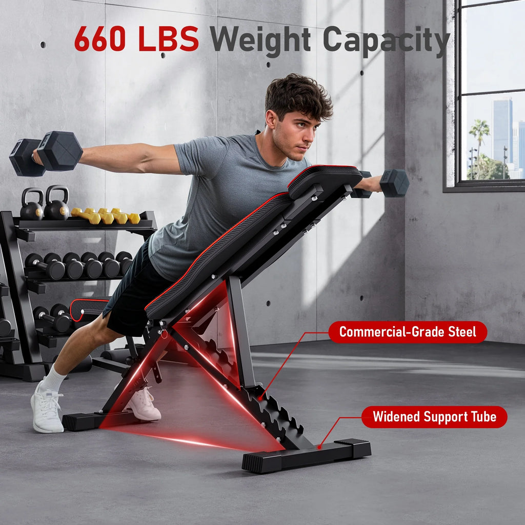 Adjustable Weight Bench,Foldable Workout Bench 660Lbs Home Gyms Press Dumbbell  Bench with Extended Head and Spine Support