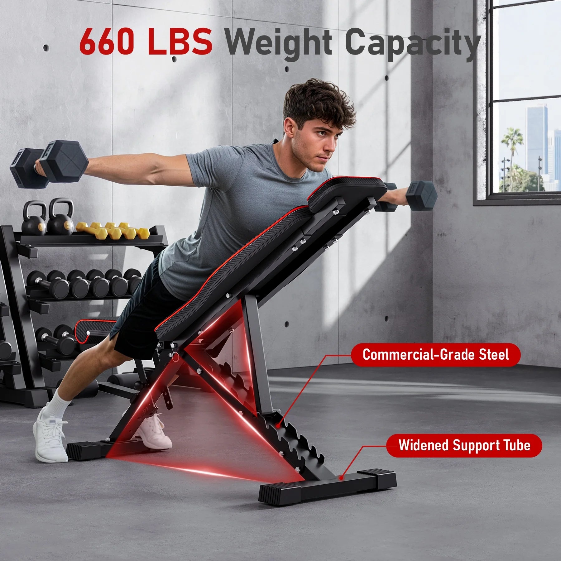Adjustable Weight Bench,Foldable Workout Bench 660Lbs Home Gyms Press Dumbbell  Bench with Extended Head and Spine Support